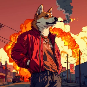 DOGE meme..smoking a cigarette in street clothes while things ex...
