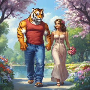 Create an image of a muscular, anthropomorphic male tiger in blu...