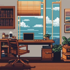 A neatly arranged office desk featuring a laptop next to a steam...