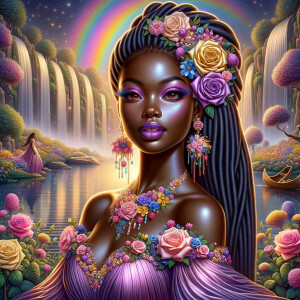 Remix Prompt
S/O Jackie Torres
S/O Panda Locke

create a animated style hyper realistic airbrush whimsical oil painting of a light African American woman wearing a flawless beautiful purple, pink, and gold blossom dress long flowing with colorful flowers and ruffles on the dress colorful jewelry made of flowers she has long black dreadlocks in a bun a colorful rose in her hair her peep toe shoes is matching her dress behind her is a beautiful waterfall liquid glowing lights beautiful colorful rainbow surrounded by beautiful roses.