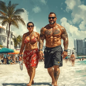 A muscular tattoed criminal walking with his 50 years old attrac...