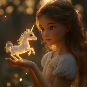 A tiny glowing unicorn, no taller than a teacup, gently trots an...