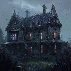 AI Image: A large, eerie Victorian house with overgrown vines cr...