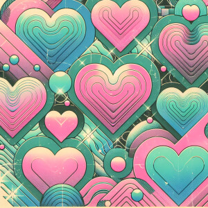Create a collage illustration featuring hearts in pastel colors...