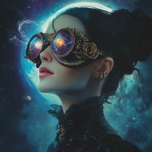 A head-on portrait of an Aetherpunk muse with a pulsating, ether...