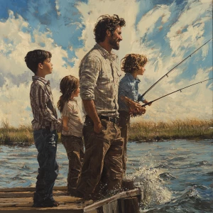 A family fishing off a dock with the water rippling and there ha...