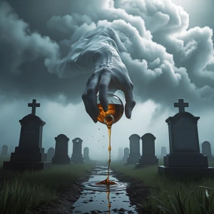 A spectral hand emerging from billowy clouds above a fog-enshrou...