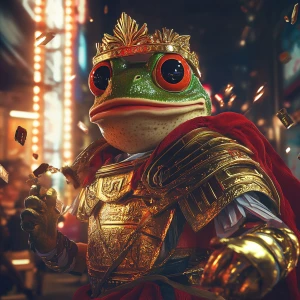 Pepe the Frog dressed as an ancient Roman emperor, wearing a gol...