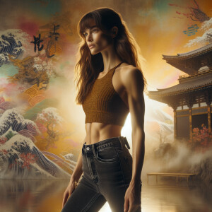 Athletic Thin skinny Attractive, Asian teenage girl, long brown hair and bangs, wearing tight skinny jeans and a halter top paint marks on her clothing, heroic pose Asian graffiti background, side view