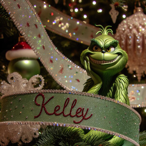 crystallized ribbon name *kelley* wrapped around a christmas tre...