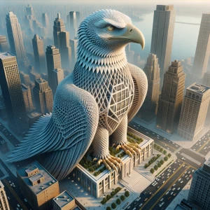 Create a 3D image of a building designed in the shape of a bald...