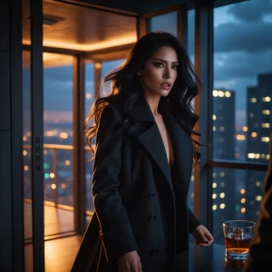 A cinematic, moody evening scene in a modern high-rise apartment...