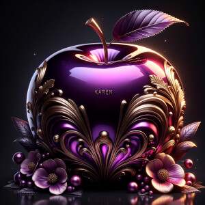 Envision a lustrous, oversized apple with a surface that gleams in a radiant shade of purple, as if lacquered to a high shine, reflecting light from its smooth, curvaceous form. The apple is adorned with elegant gold leaf patterns that swirl luxuriously around its contour, bringing a baroque opulence to its appearance. The stem, a bronzed sculpture in itself, supports a single leaf that seems to glow with an inner luminescence. At the apple’s base, a collection of flowers blooms, their petals softening the scene with organic shapes and colors that harmonize with the vibrant purple and gold. Incorporated into the metallic filigree in an artful script is the name "Karen," as if the apple were personally inscribed, enhancing the custom and bespoke quality of the piece.