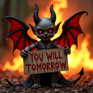 Demonic doll  with wings,standing in front of a burning inferno,...