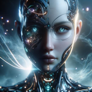 "A futuristic female warrior emerging from shadows, her skin a b...