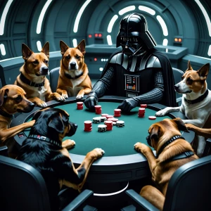 Darth Vader engaged in a game of poker with a group of dogs, eac...