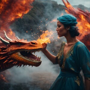 A female water fairy fighting a fire dragon