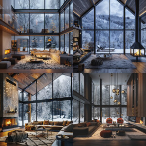 A nice house in the living room see through window snowing with...