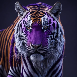 Tiger with deep purple fur with silver color stripes, pink eyes,...