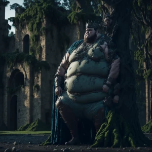 A chubby king urinates on a tree outside of a castle. He is faci...