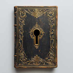 Ornate Vintage Book with Central Golden Keyhole: An antique book...