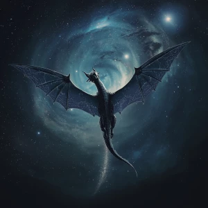 A celestial dragon glides through a vast cosmic sky filled with...