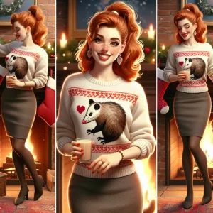 A 45-year-old woman with ginger hair in a ponytail, wearing an u...