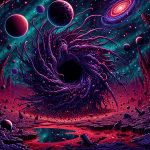 An overwhelming, apocalyptic cosmic horror scene in the void of...