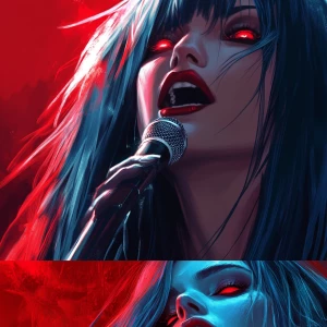 A woman with long blue hair and red eyes singing, super detailed...