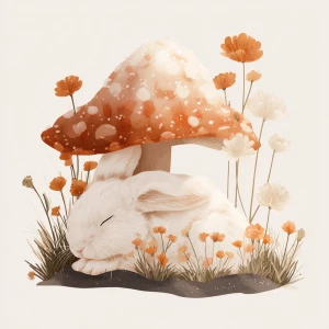 Cute fluffy rabbit sleeping peacefully under large spotted mushr...