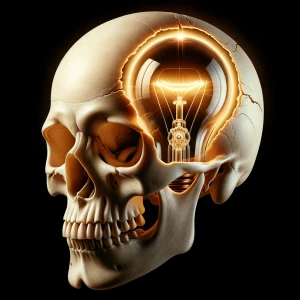 Skull with lightbulb imbedded in it