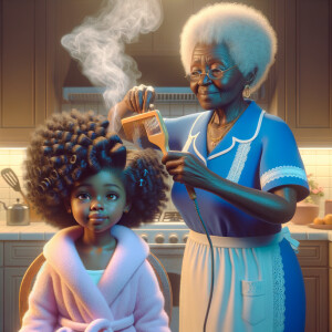 Create a realistic 3-D image of an african-American grandmother wearing a blue house dress and a white apron . She is in the kitchen with her african-American granddaughter. Her granddaughter is wearing a pink bath robe. The grandmother has a hot comb in her hand and she is straightening her granddaughters hair. One side of her granddaughters hair is in  a Afro the other straight 
There is smoke coming from the hot comb
The granddaughter is making a face