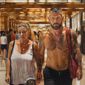 Oil painting  art  1:1.A sweaty  man walking with his 54 year ol...