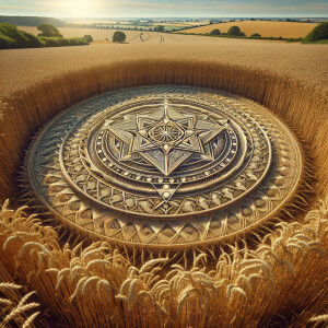 hyperrealistic image of a crop circle with intricate geometric p...