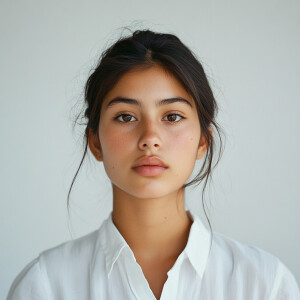 A 19-year-old Mexican woman with a clear complexion, looking dir...