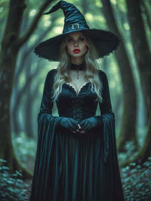Generate a full-body image of an enchanting witch with vibrant r...