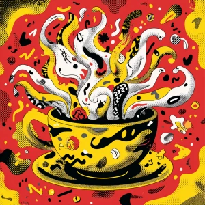 hand-drawn coffee cup overflowing with chaotic swirling steam tr...