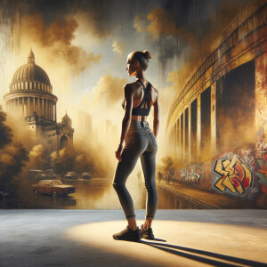 Athletic Thin skinny Attractive, Asian teenage girl, long brown hair and bangs, wearing tight skinny jeans and a halter top paint marks on her clothing, heroic pose Asian graffiti background,  backside view