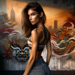 Athletic Thin skinny Attractive, Asian teenage girl, long brown hair and bangs, wearing tight skinny jeans and a halter top paint marks on her clothing, heroic pose Asian graffiti background,  backside view