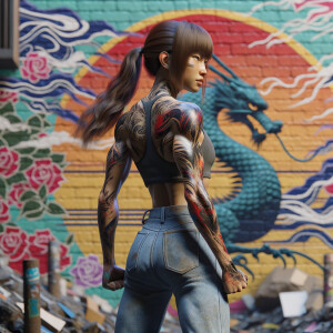 Athletic Thin skinny Attractive, Asian teenage girl, long brown hair and bangs, wearing tight skinny jeans and a halter top paint marks on her clothing, heroic pose Asian graffiti background, backside view