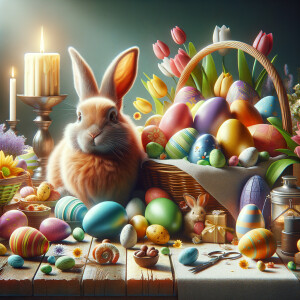 Create some ultra photorealistic images inspiring Easter, include some eggs and bunny , vivid colors, 9:16