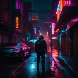 In a neon-drenched cyberpunk cityscape, a plasma prowler emerges...