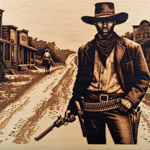 An old west cowboy standing in the middle of the road, six shoot...