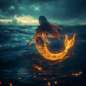 A beautiful mermaid creature floats above the ocean waves, its s...