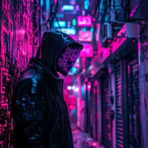 In a hauntingly beautiful cyberpunk gothic image, a figure dress...