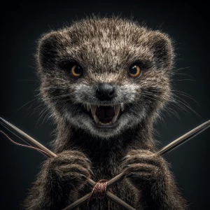 A anthropomorphic mongoose with a wild, crazy smile and intense...