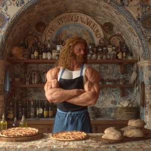 Can you make a picture of an Italian man behind the counter maki...