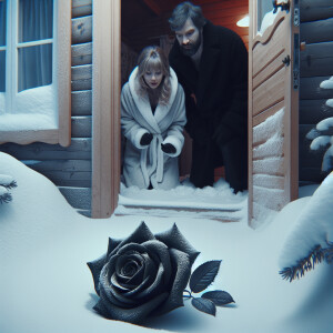On the threshold of their house, in winter, a man and a woman fo...