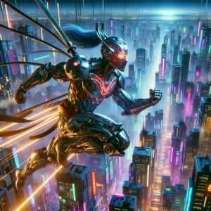 Futuristic superhero Ironman  samurai flying through the sky abo...