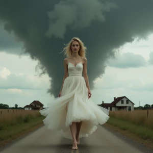 a woman wearing a tornado as a dress, the skirt merges into dark clouds in the sky and swirls pulling objects into it, her hair is wild in the wind, she walks forward her face porcelain white with pale pink lips, the woman wears the dress walking down a country road leaving destruction of houses and farms in her wake